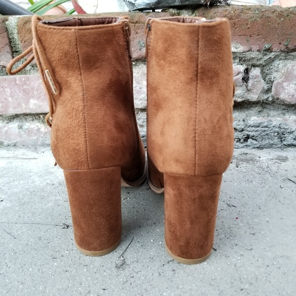 Brown Vegan Suede Ankle Booties Side Laced Up - Picture 6 of 8